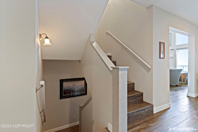 staircase with wood-type flooring