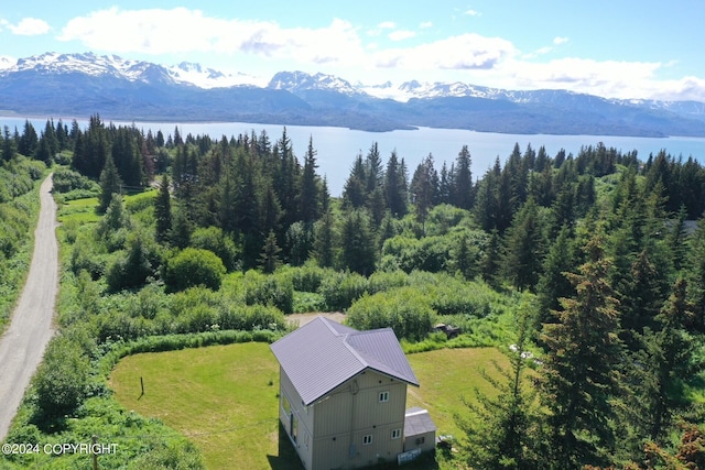 bird's eye view featuring a water and mountain view