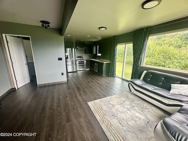 unfurnished living room featuring baseboards, dark wood-style flooring, and a sink