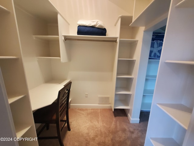 walk in closet featuring light colored carpet