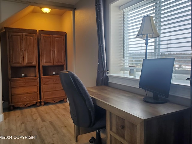 office area with a healthy amount of sunlight and light hardwood / wood-style flooring