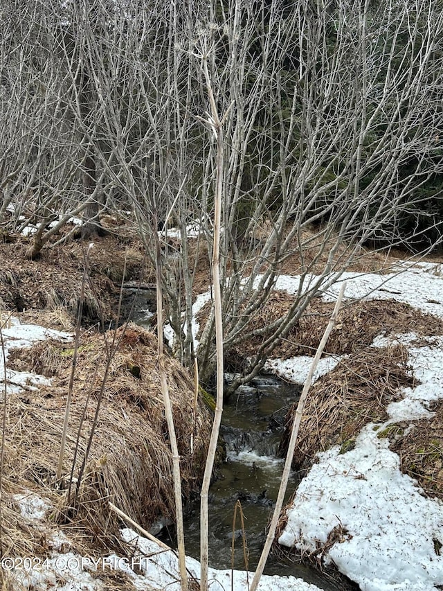 view of snow covered land featuring a water view