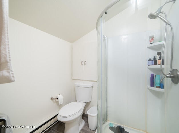 bathroom featuring a shower with door, vaulted ceiling, toilet, and baseboard heating