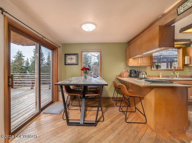 kitchen featuring sink, light hardwood / wood-style floors, stainless steel gas cooktop, and kitchen peninsula