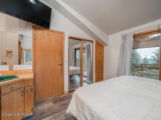 bedroom featuring dark hardwood / wood-style floors, sink, vaulted ceiling, and access to exterior