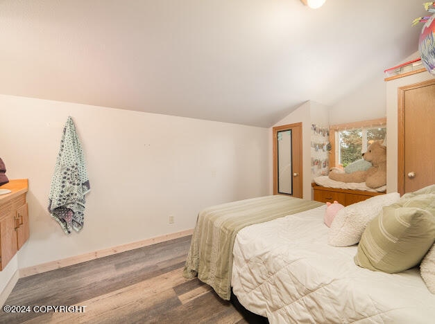 bedroom with dark hardwood / wood-style floors and vaulted ceiling