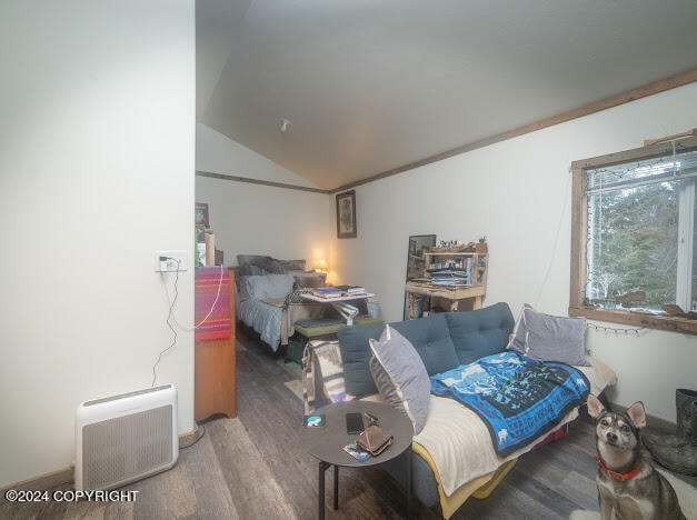 bedroom featuring wood-type flooring and lofted ceiling