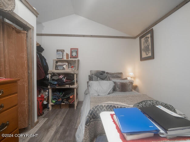 bedroom with wood-type flooring and lofted ceiling