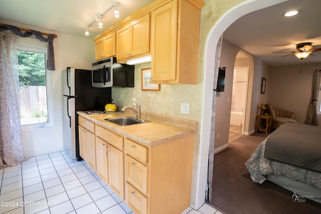 kitchen with light brown cabinets, ceiling fan, rail lighting, light colored carpet, and sink