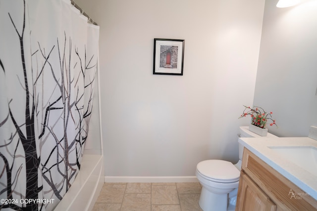 full bathroom with tile floors, shower / bath combination with curtain, toilet, and vanity