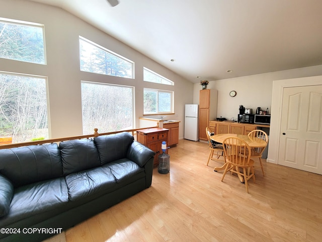 living room featuring plenty of natural light, light wood-type flooring, and vaulted ceiling