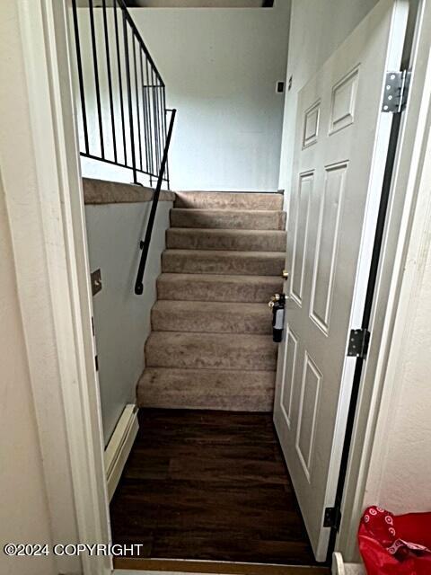 stairs with hardwood / wood-style flooring and a baseboard radiator