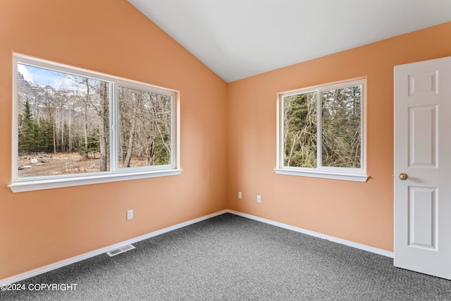 carpeted empty room featuring vaulted ceiling