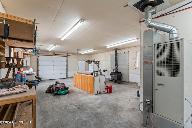 garage with a wood stove