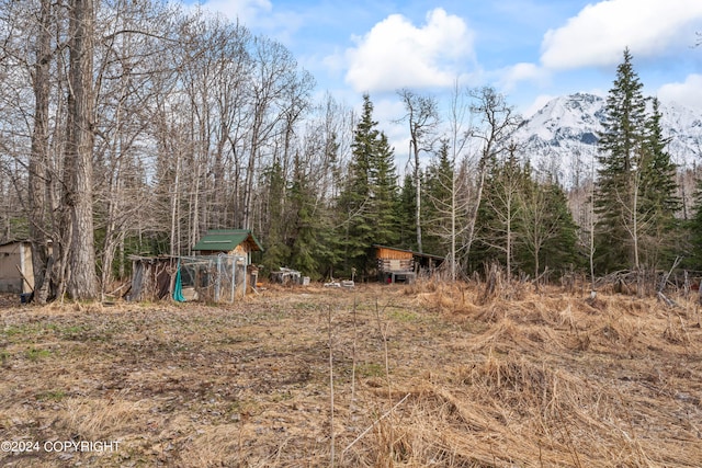 view of yard with a playground and a mountain view