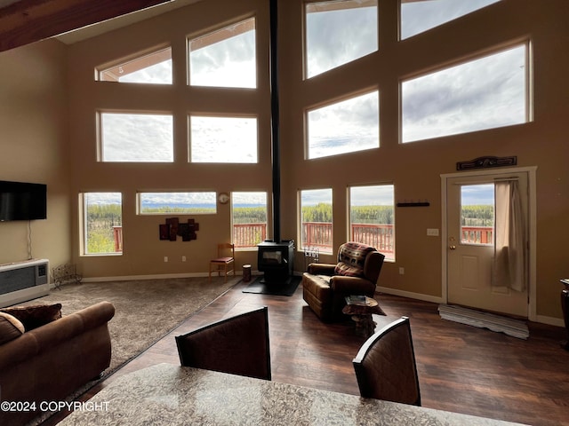 living room featuring a wood stove, dark hardwood / wood-style flooring, and a towering ceiling