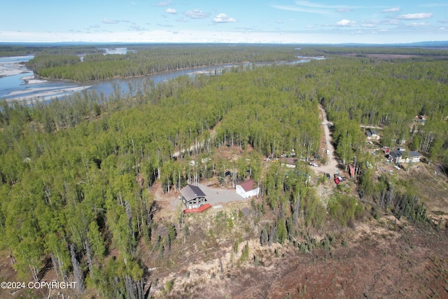 birds eye view of property featuring a forest view and a water view