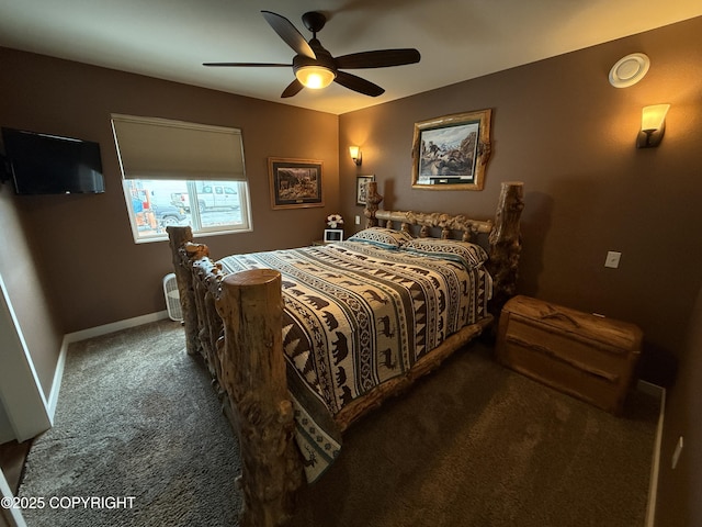 carpeted bedroom featuring ceiling fan and baseboards