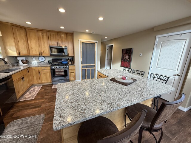 kitchen featuring dark wood-style floors, appliances with stainless steel finishes, light stone counters, a sink, and recessed lighting