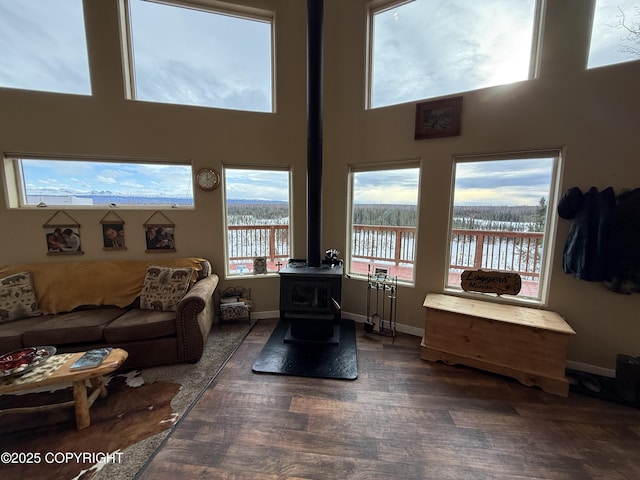 living room with baseboards, dark wood finished floors, a wood stove, a water view, and a high ceiling