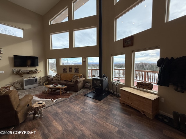 living room with a wood stove, dark wood-style floors, and baseboards