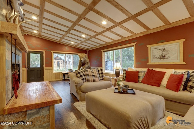 living room with beamed ceiling, wood-type flooring, and coffered ceiling