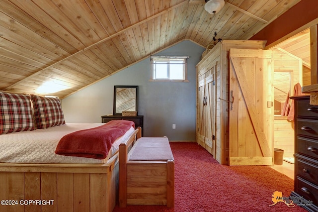 carpeted bedroom featuring vaulted ceiling and wooden ceiling