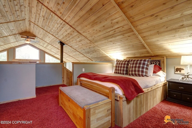 carpeted bedroom with wood ceiling and vaulted ceiling