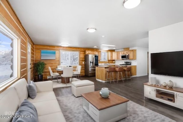 living room with sink, wooden walls, and hardwood / wood-style flooring