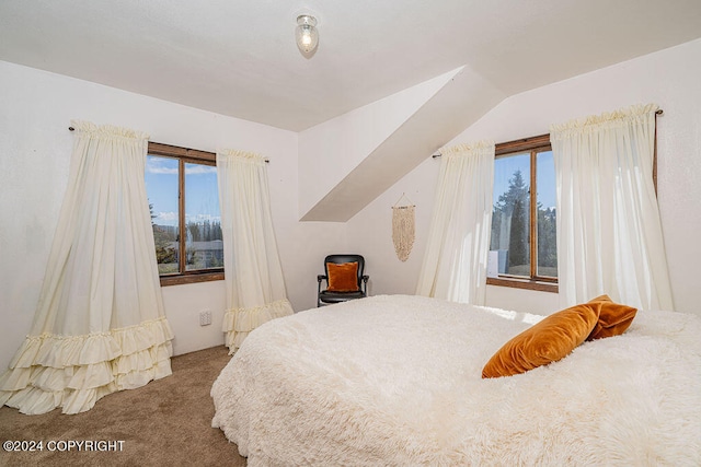 bedroom with carpet flooring and lofted ceiling