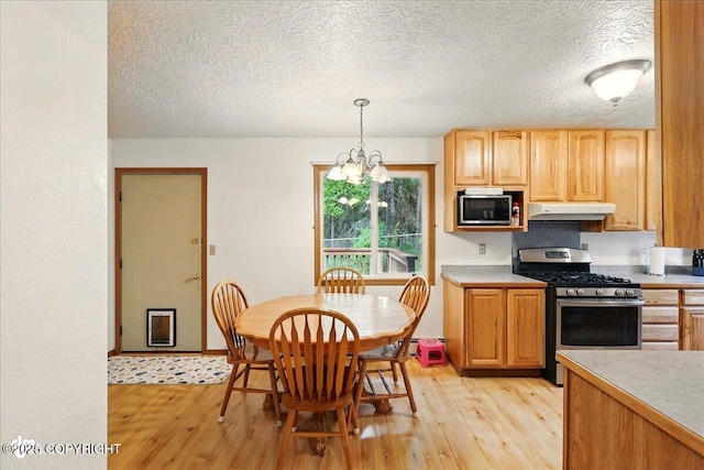 44775 Carver Dr, Kenai, AK 99611 - kitchen with appliances with stainless steel finishes, under cabinet range hood, light wood-type flooring, light countertops, and a textured ceiling
