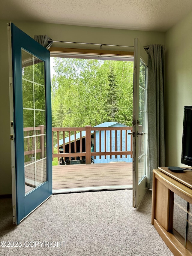 44775 Carver Dr, Kenai, AK 99611 - doorway featuring carpet flooring, healthy amount of natural light, french doors, and a textured ceiling