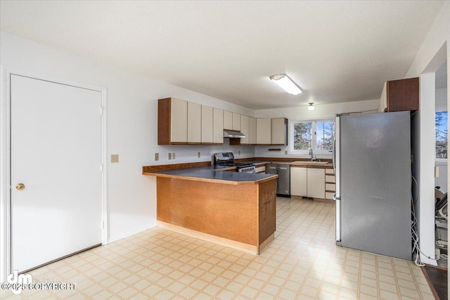 kitchen with light floors, stainless steel appliances, a sink, a peninsula, and under cabinet range hood