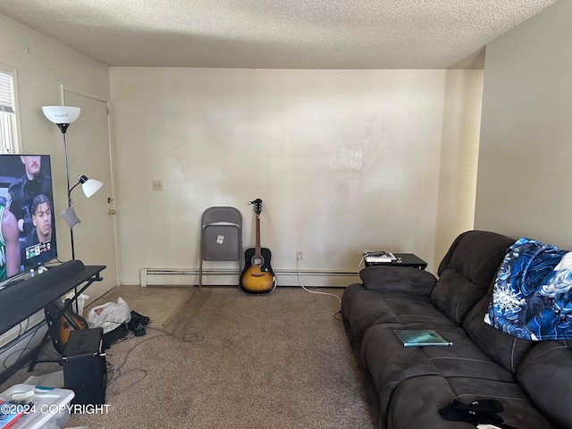 carpeted living room with a textured ceiling and a baseboard radiator