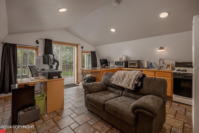 living room with sink and vaulted ceiling