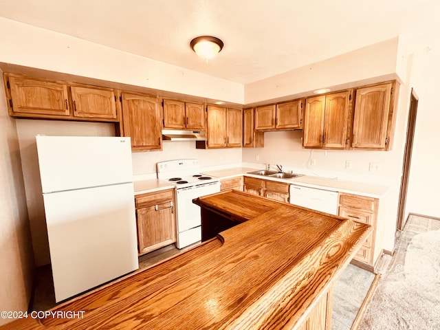 kitchen featuring sink, white appliances, and light carpet