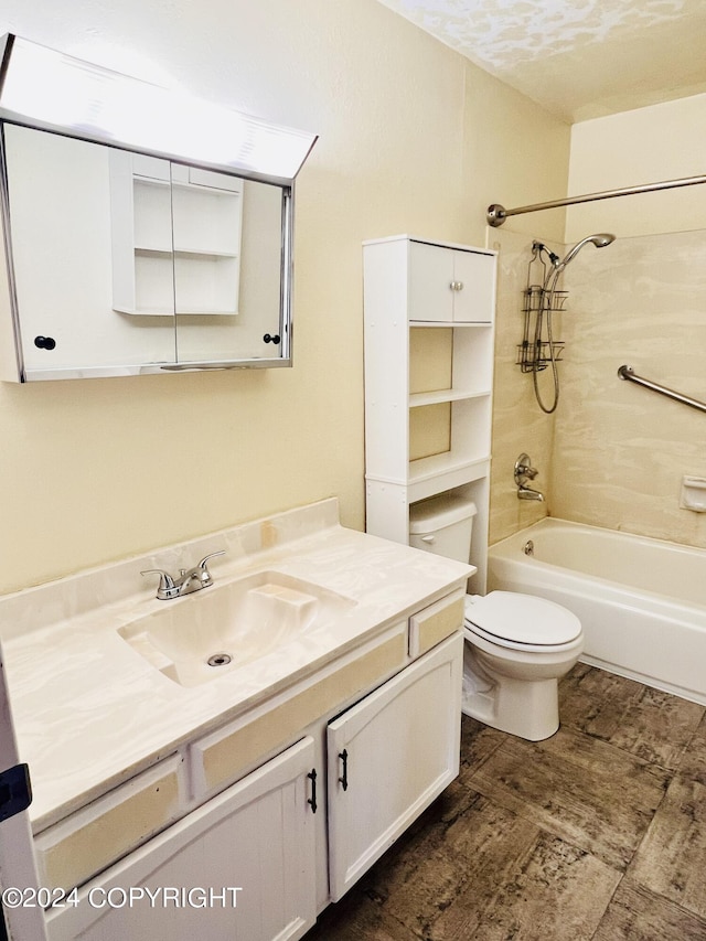 full bathroom with tiled shower / bath combo, tile flooring, toilet, and large vanity