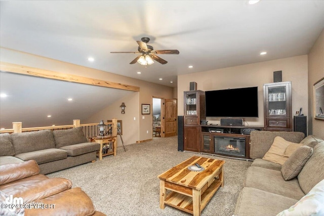 18226 Guernsey Rd, Wasilla, AK 99654 - living room featuring light carpet, recessed lighting, and a ceiling fan