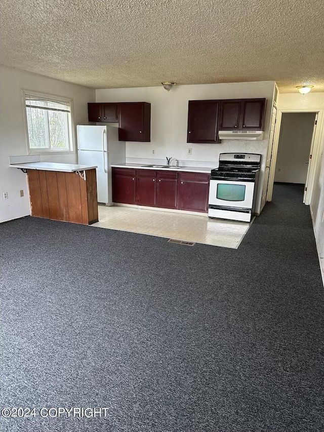 kitchen featuring a textured ceiling, sink, white appliances, and light carpet