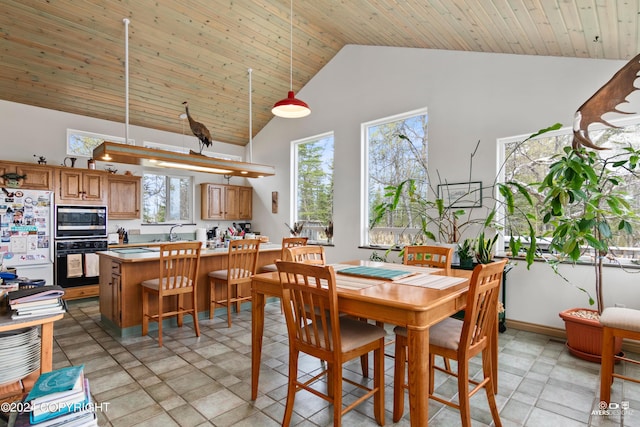 dining area with sink, high vaulted ceiling, and wood ceiling
