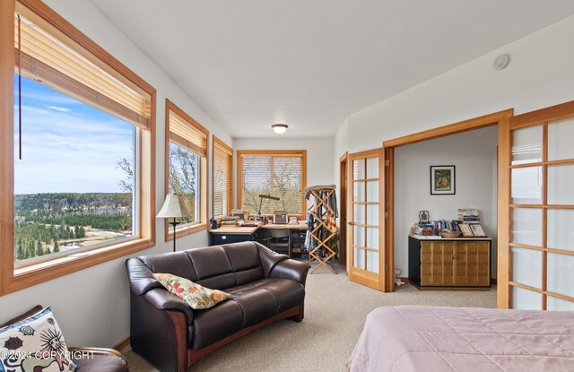 bedroom with light colored carpet and french doors