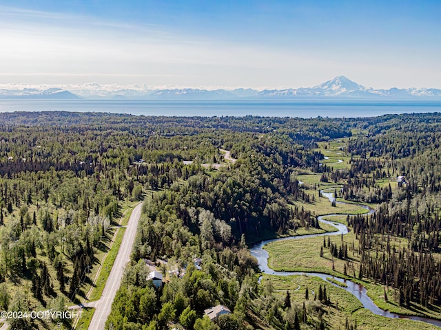 drone / aerial view featuring a water and mountain view