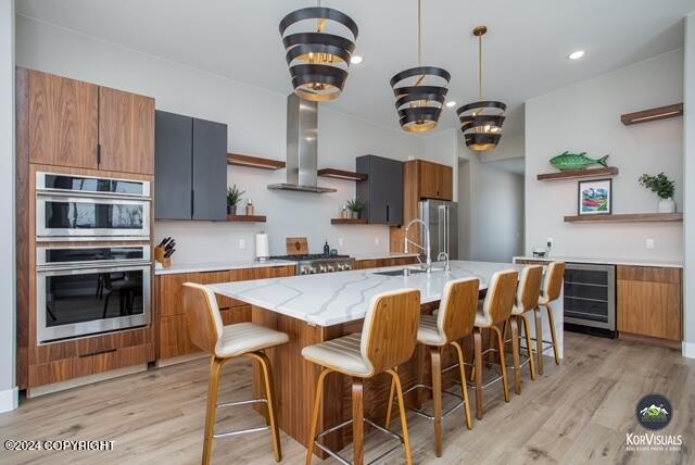 kitchen with light hardwood / wood-style floors, an island with sink, stainless steel appliances, wall chimney exhaust hood, and sink