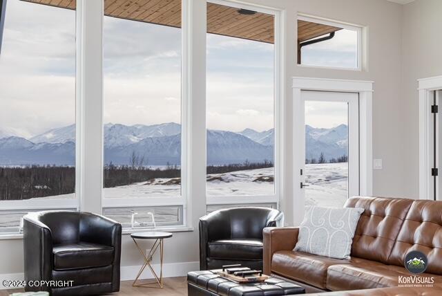 living room featuring a mountain view