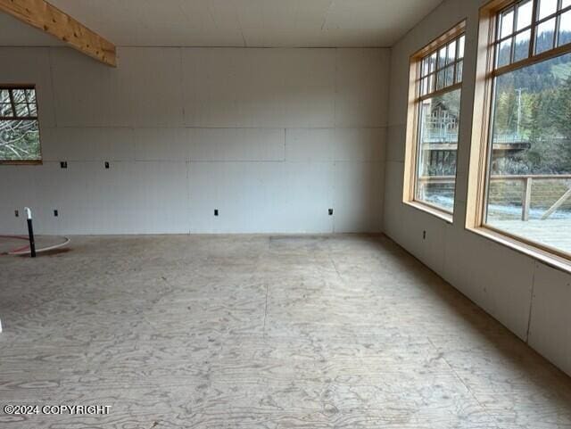 empty room featuring a healthy amount of sunlight and beamed ceiling