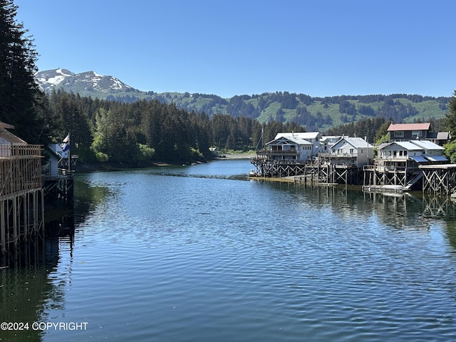 view of water feature with a dock and a mountain view