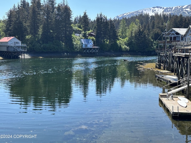 property view of water with a boat dock and a mountain view