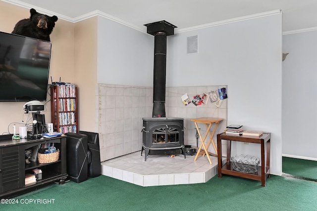 carpeted living room featuring crown molding and a wood stove