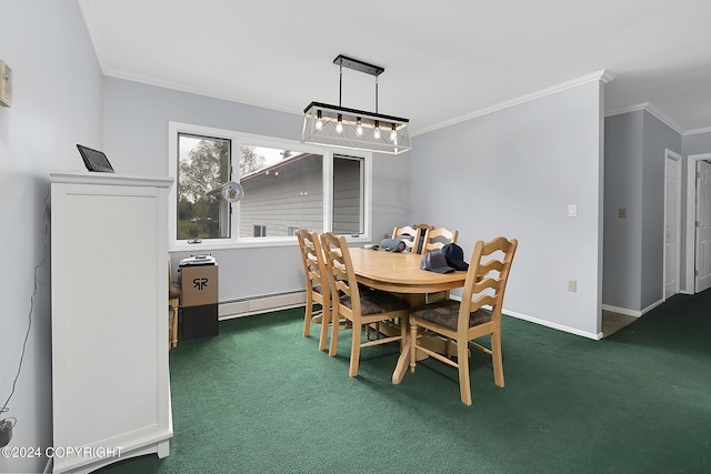 carpeted dining room featuring ornamental molding and a baseboard heating unit