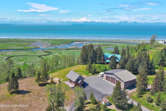 bird's eye view with a water view